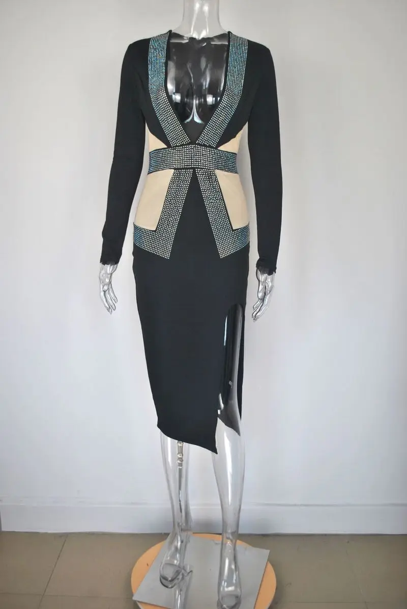 

2021 Sexy Deep V-neck Mesh Rhinestones Dresses Women Long Sleeve Split Diamonds Party Dress Red Black Blue Green Plus Size S-4XL