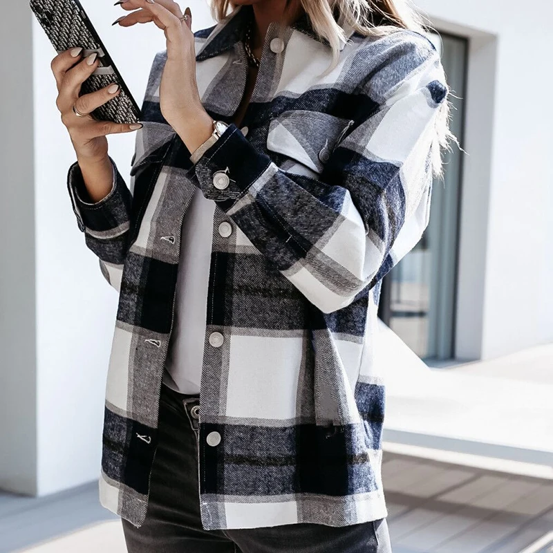 Elegant Fall Winter Women Long Sleeves Lapel Plaid Print Blouses Jackets Casual Buttons Cardigan Fashion Office Lady Party Coats | Женская