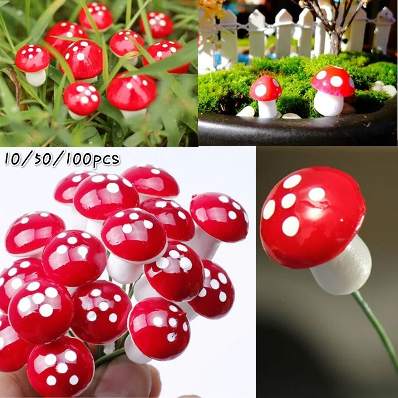 

10/50/100pcs Artificial Mini Mushroom Miniatures Fairy Garden Moss Terrarium Resin Crafts Decorations Stakes Craft