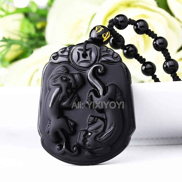 

Beautiful Handwork Natural Black Obsidian Carved Chinese Double PiXiu Amulet Lucky Pendant + Beads Necklace Fashion Jewelry