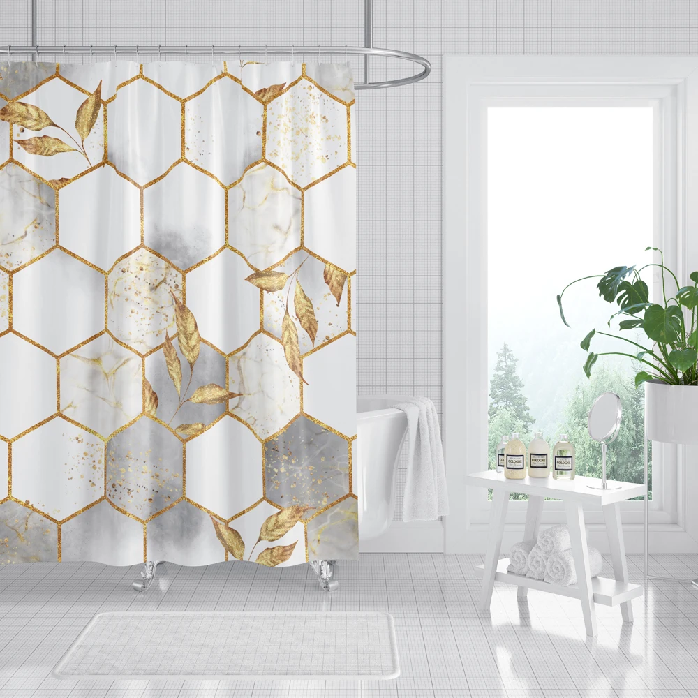 marble shower curtain polyester waterproof fabric shower curtains golden leaves pattern printed bath screen decor home bathroom free global shipping
