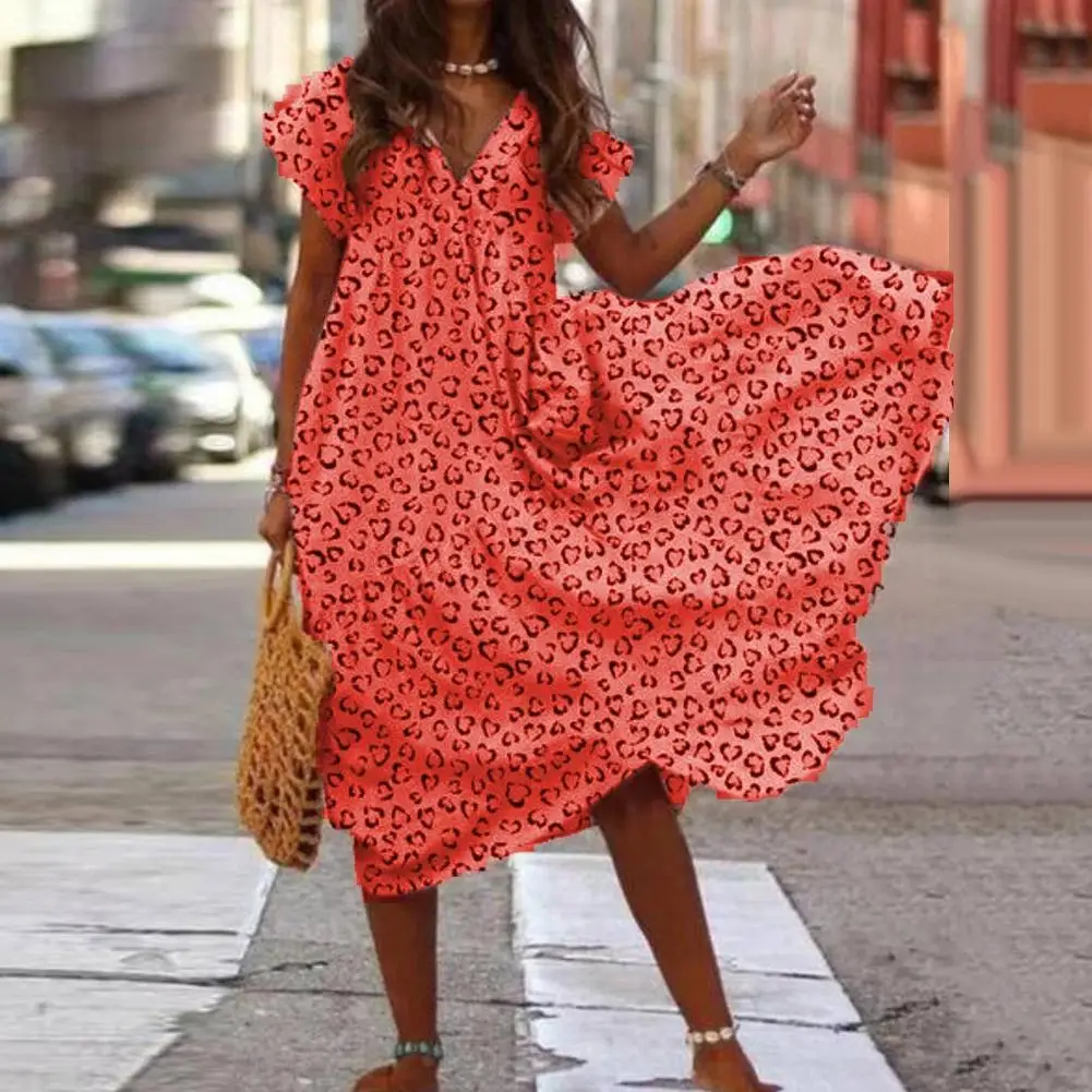 

Women Summer Casual Short Sleeve V Neck Heart Print Large Hem Loose Midi Dress