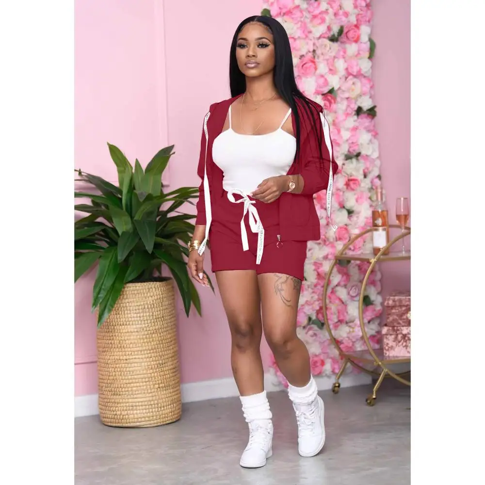 

European casual solid color fashion sports suit loose V-Neck long sleeve zipper jacket and shorts women's two-piece set