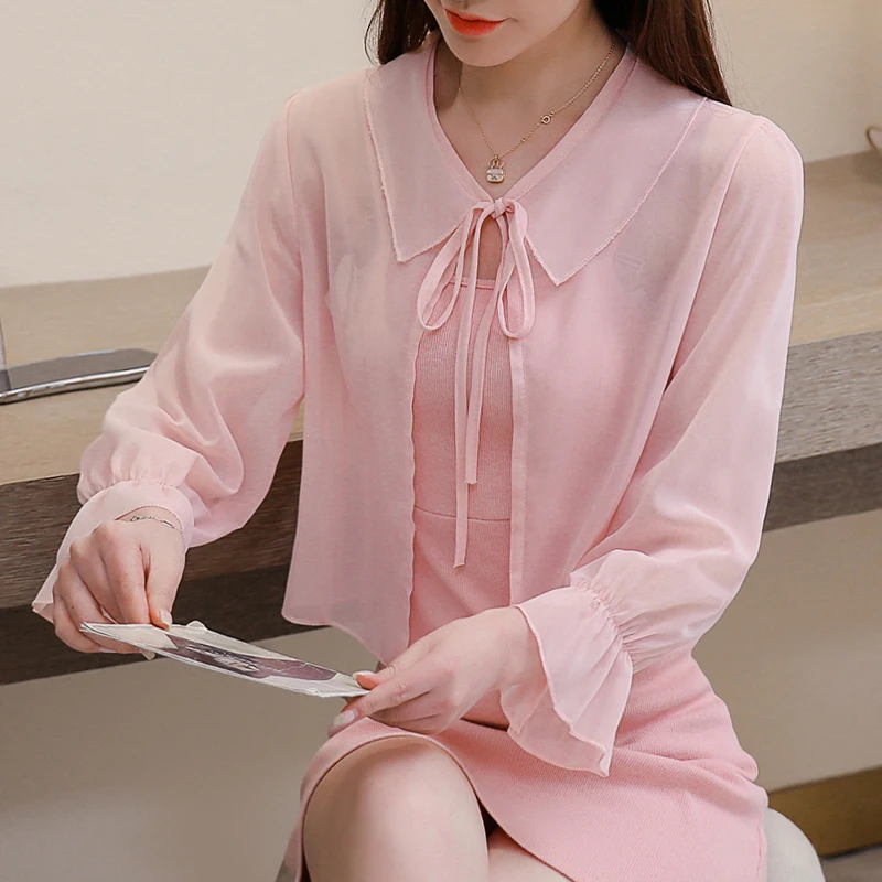 Повседневный Кардиган шифоновая рубашка с бантом и Расклешенным рукавом блузка