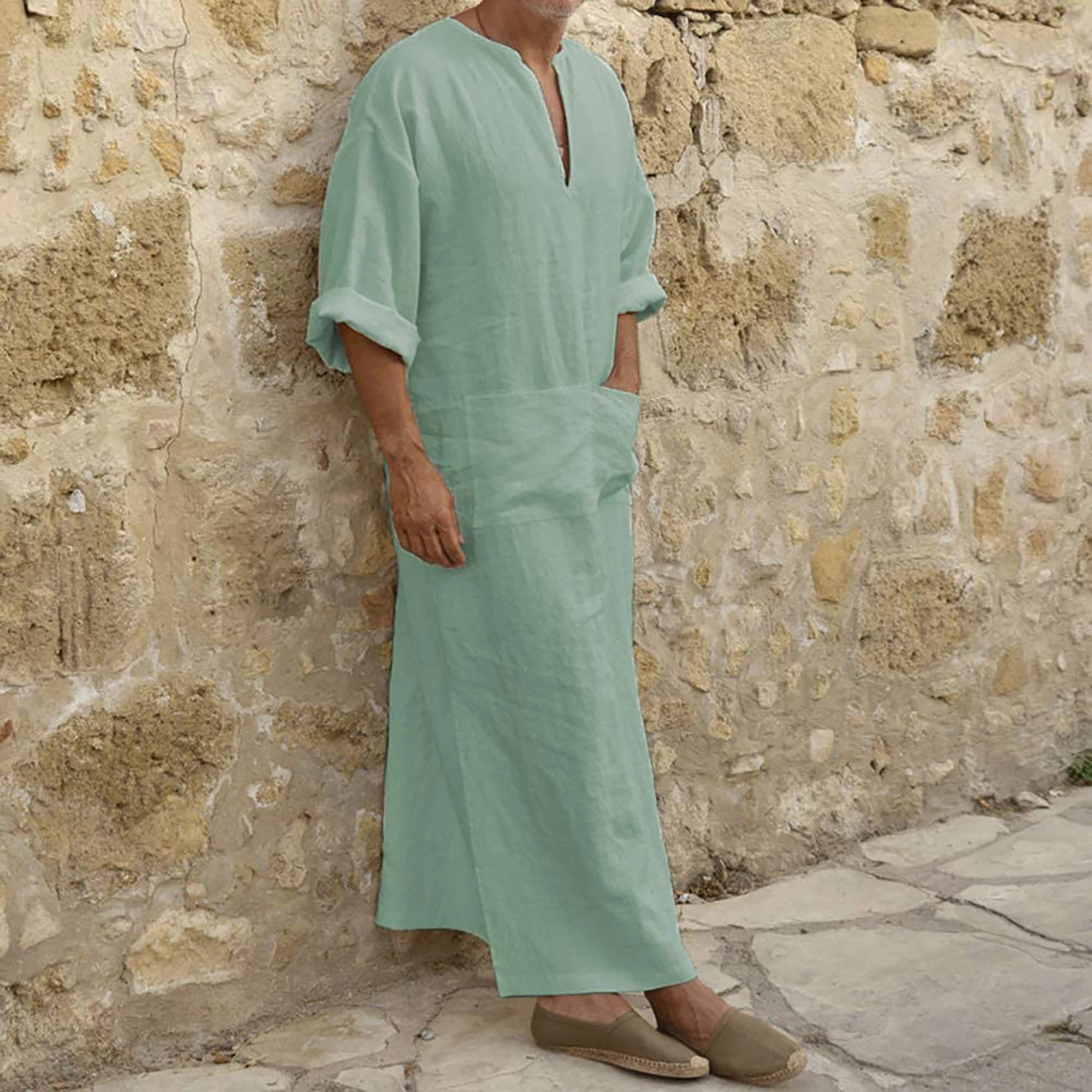 Muslim Men Islamic Arabic Kaftan Loose Half Neck Clothing Mid-Sleeve Abaya Robes Fashion Saudi Arabia Dubai Male Jubba Thobe 5XL