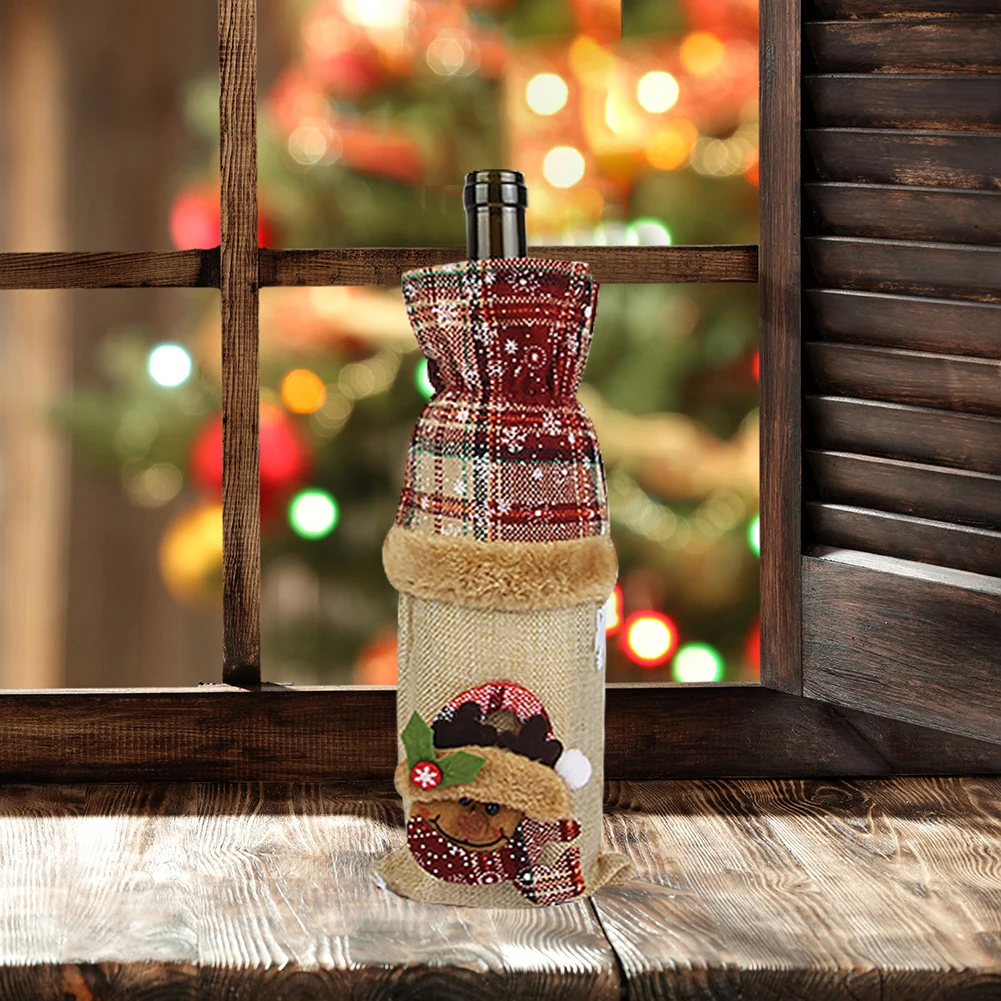 

Cute Christmas Wine Bottle Cover Linen Plaid Stripe Dustproof Decorations Home Dinner Ornament Happy New Year Xmas Holiday Gift