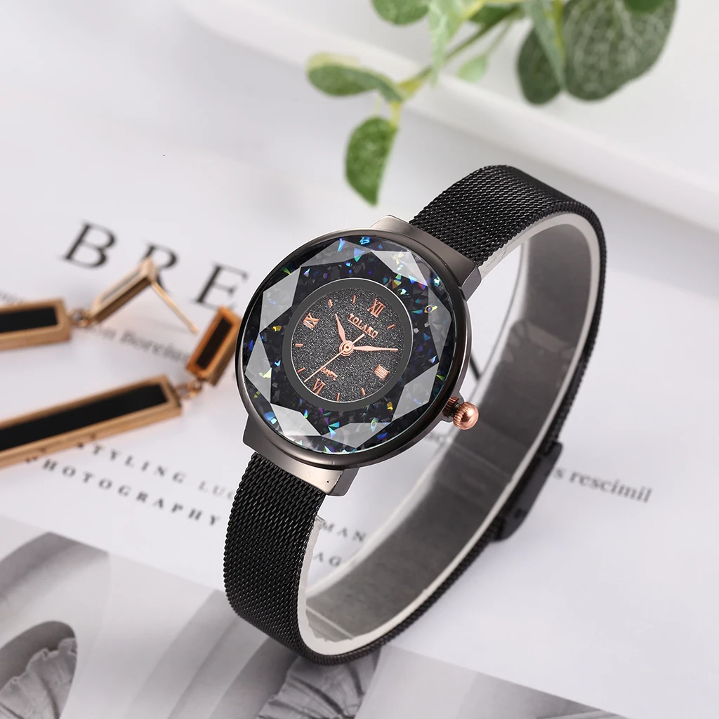 

Luxury YOLAKO Women Watch Rose Gold Steel Mesh Belt Moving Rhinestone Watch Ladies Quartz Watches Clock Wristwatch reloj mujer