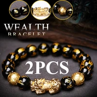 2pcs obsidian stone beads bracelet pixiu bracelet black wealth bracelet feng shui bracelets luck bracelet for women men 2022