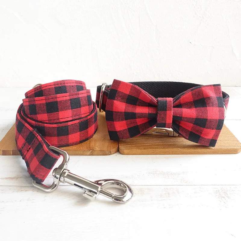 

Adjustable Polyester Bow Dog Leash and Collar Set Red Black Plaid Traction Rope Necklace for Puppy Pet Outdoor Park Walking