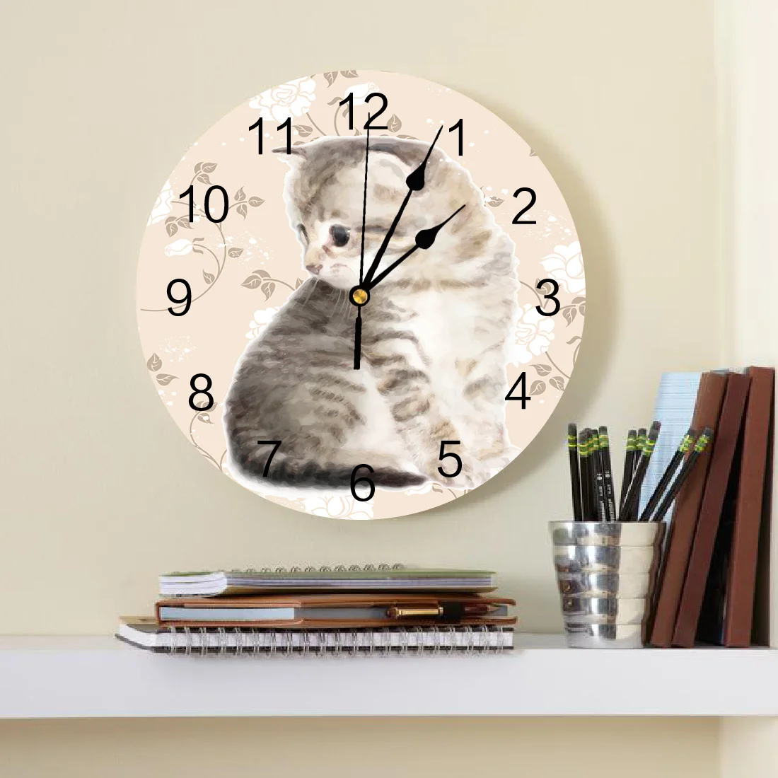 Настенные часы с милым котенком бесшумные украшения на стену из ПВХ цветочным