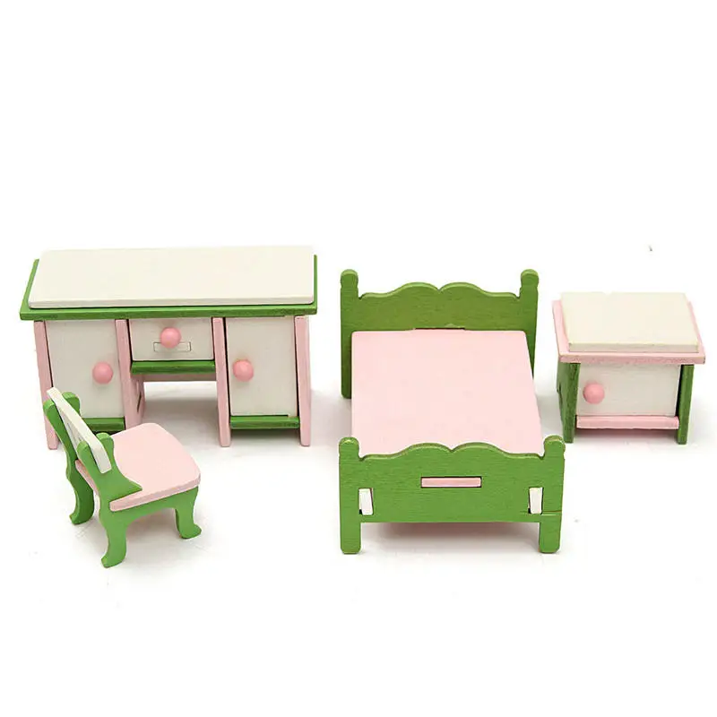

Dollhouse Miniature Bedroom Kit Wooden Furniture Set Families Role Play Toy