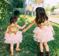 blingbling gold sequined blush pink baby dresses with bow tiered knee length flower girl dresses for wedding girls princess gown