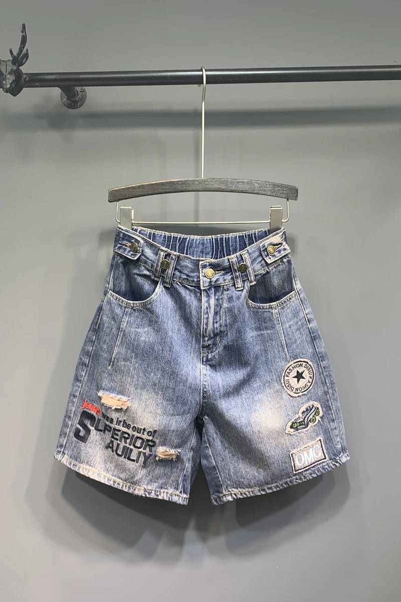 

Jeans Short Blue Female High-Waist Femme Plus-Size Summer Women Hole Embroidery DM001