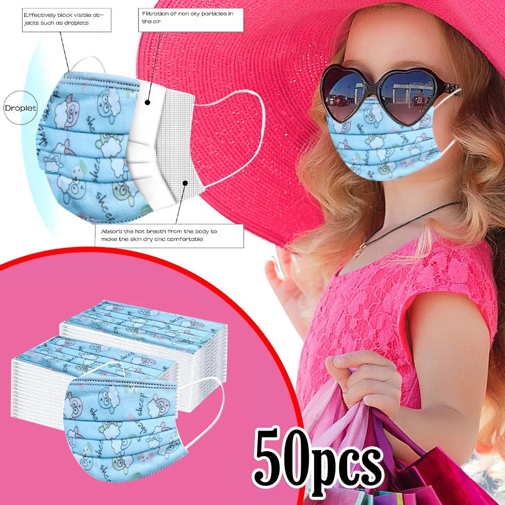 Детские маски одноразовые для лица Мультяшные 3ply ушей 50 шт. дышащая моющаяся
