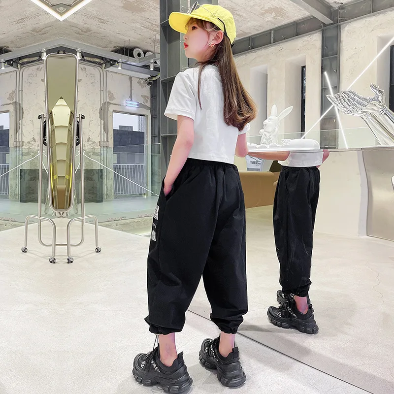 Girls Casual Suit 2021 New Girls Short Tights Top+ Kids Loose Overalls Trousers Children's Performance Dance Suit 2PCS