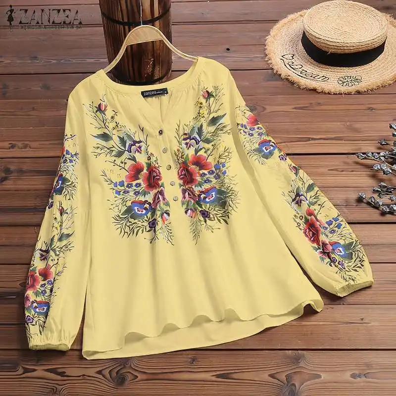 

ZANZEA Bohemian Women Floral Printed Long Sleeve Shirt Vintage Spring V neck Blouse Casual Work Blusas Femme Robe Tops Chemise