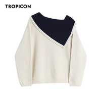 tropicon preppy style wool blends white sweater women pullovers fall winter 2021 color block sweater knitted sweater loose top