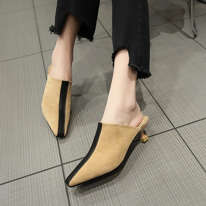 woman mules footwear transparet heel Square Toe soft Strange Style Med Crystal leather black couple warm Sweet