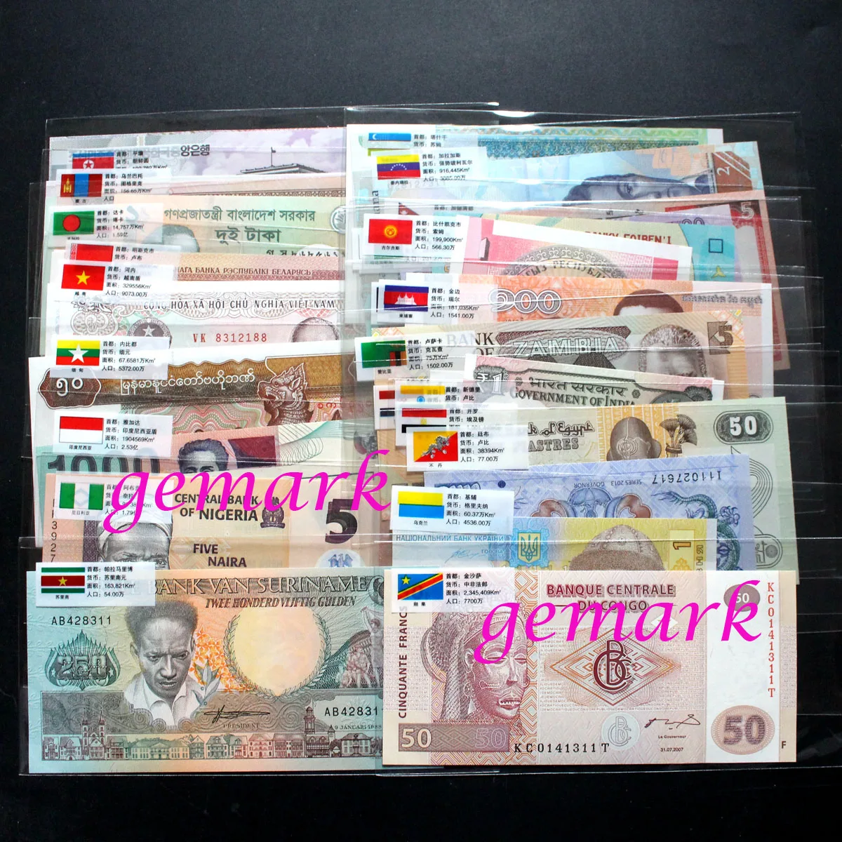 52 шт. прозрачные зарубежные банкноты с флагами на английском и китайском языках |