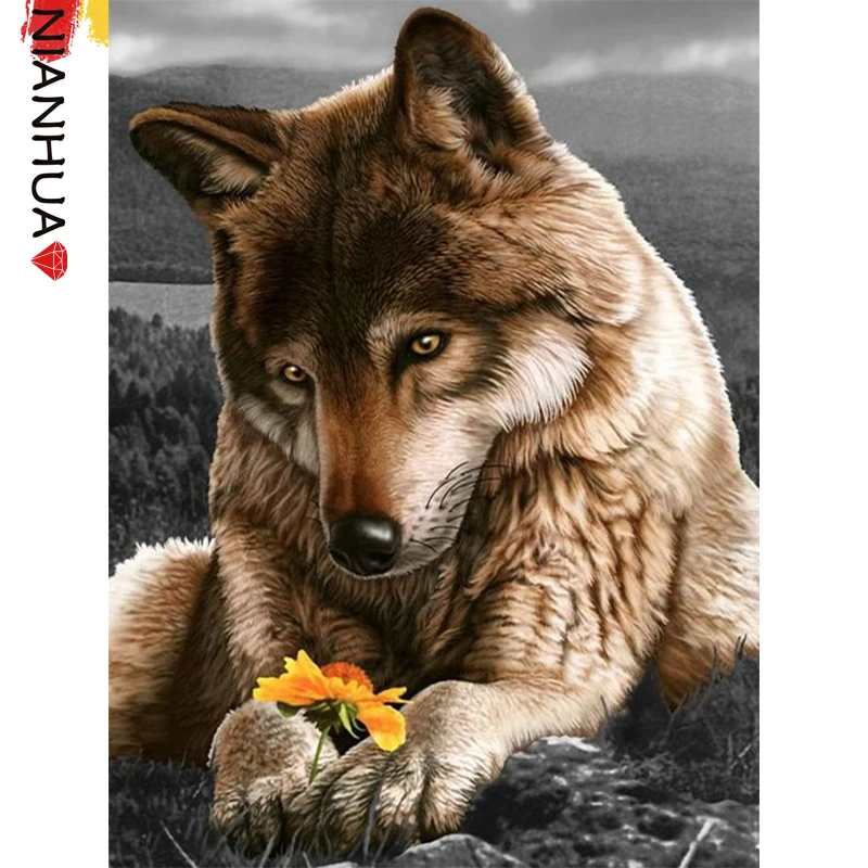 

Алмазная мозаика, живопись, дикий волк, охрана цветов, животные, сделай сам, 5D роспись, искусство, квадратная круглая фотография, Набор для вы...