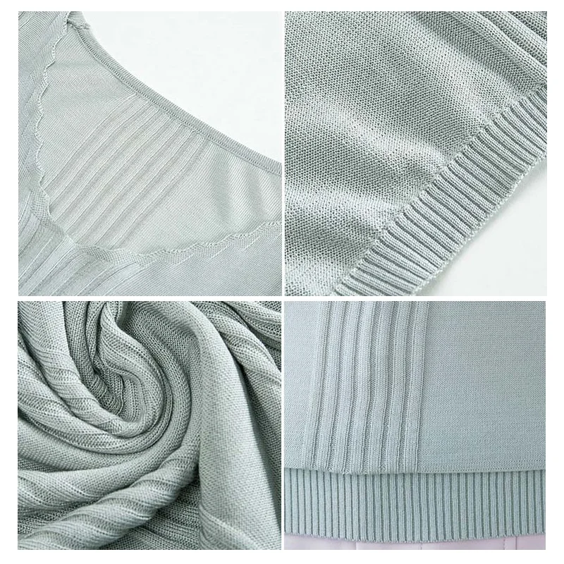 

Women 2021 Summer Striped V-Neck Thin Pullovers Female Short Sleeve Solid Color Knitted T-Shirts Green Slim Elasticity Lady Tops