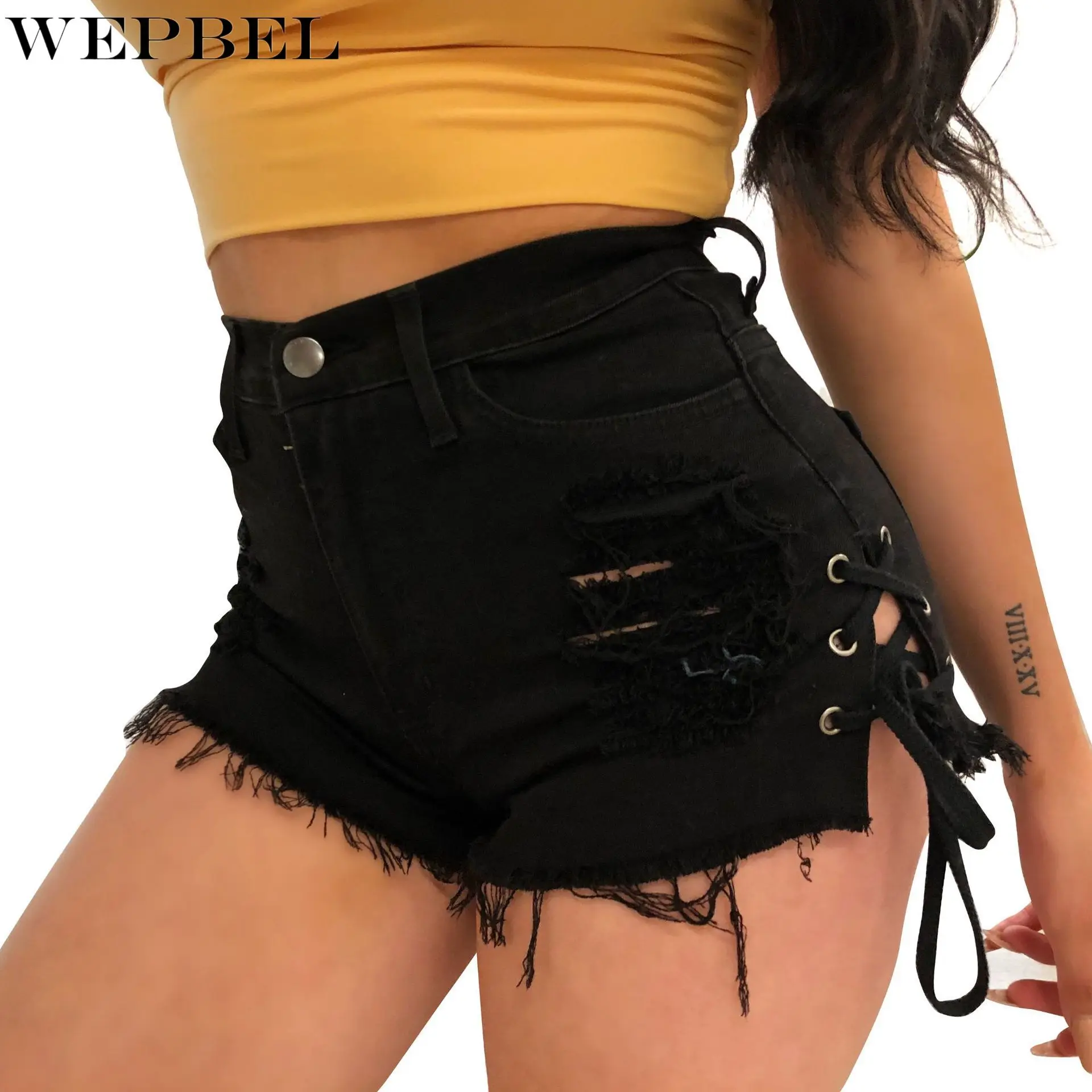 

WEPBEL Summer Fashion Solid Color Slim Fit Slit Shorts Women's Casual Mid-Waist Lace-up Ripped Straight Shorts