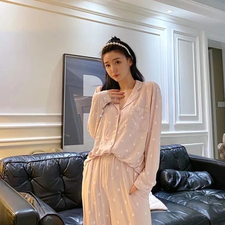 

Night Suits for Women New Spring Modal Cartoon Bear Print Pajamas Women's Suit Long Sleeve Lapel Sweet Girl's Home Clothes