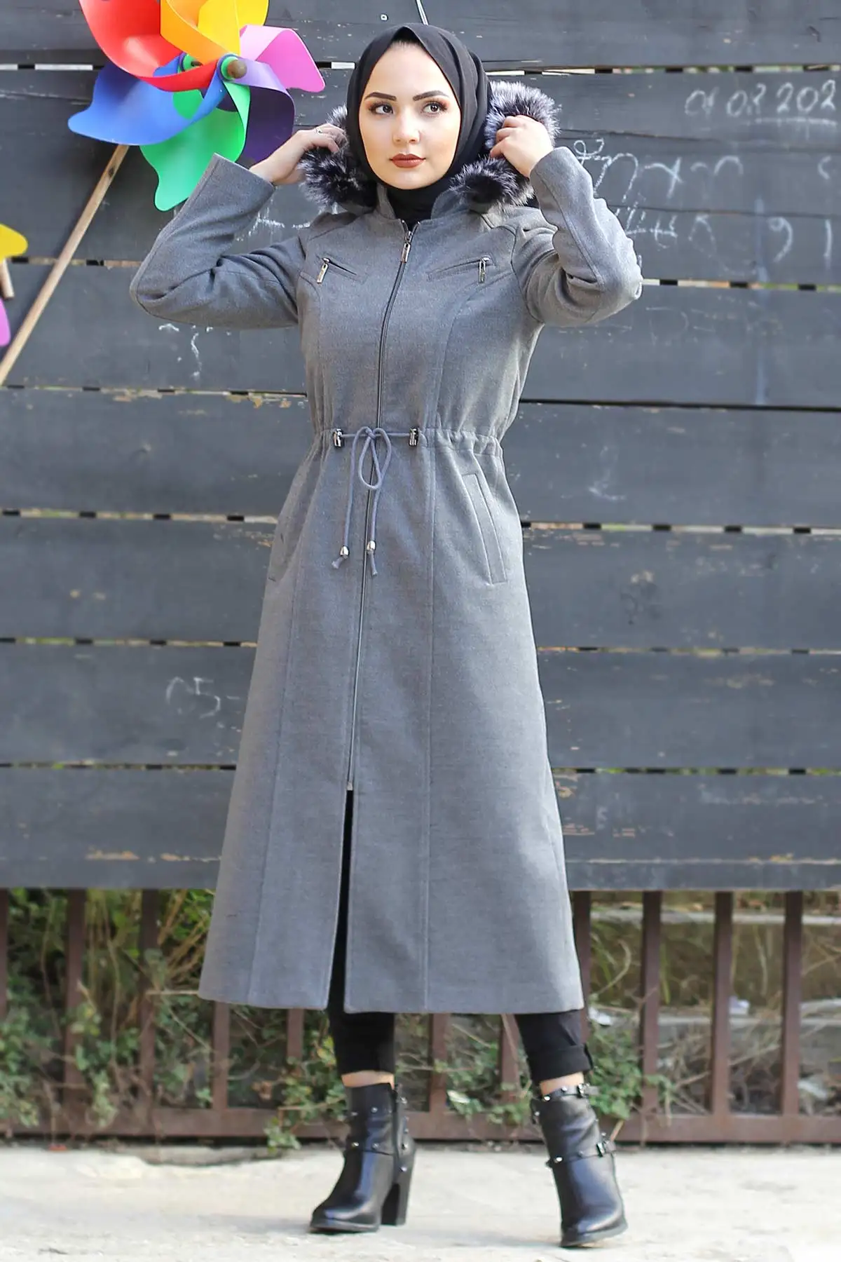 Орнамент молния штамп пальто TSD9923 серый|Женские пальто| |