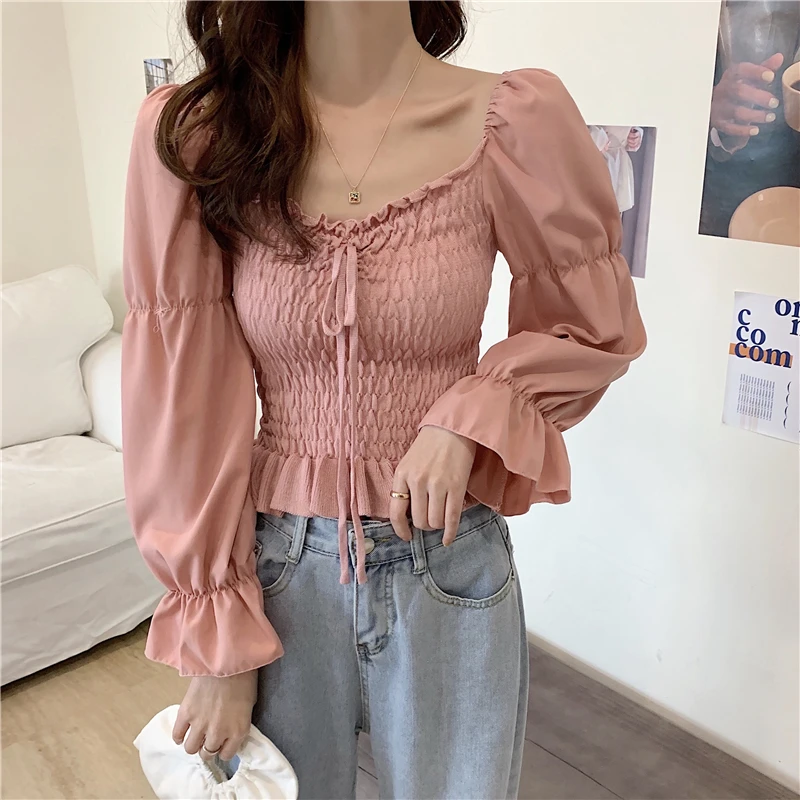 

Женская одежда, японский кроп-топ на шнуровке, с квадратным воротником и длинным рукавом, женская блуза черного и розового цветов на весну и ...