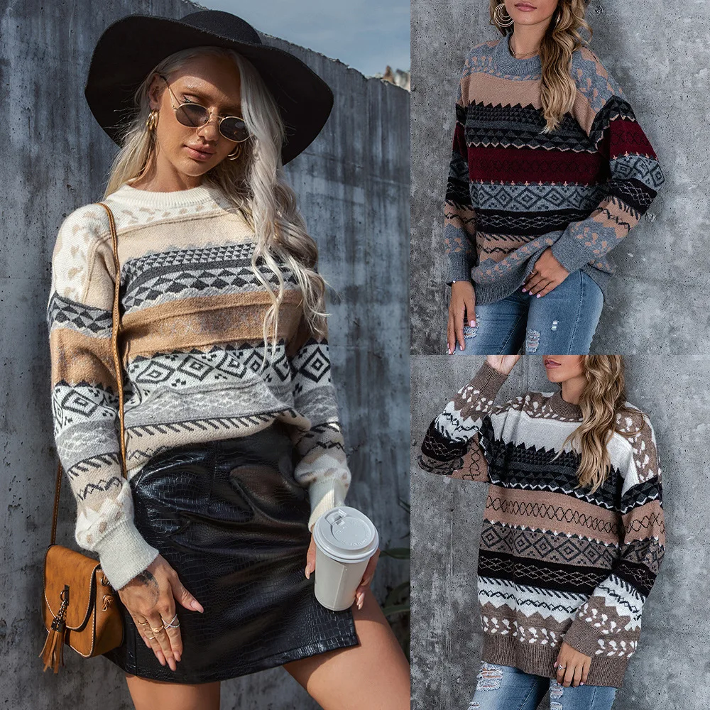 

Spring/Autumn Mother Temperament Sweater Knitted Pullover Retro Stitching Lazy Wind Loose Warm Fashion Casual OL Beauty Sweater