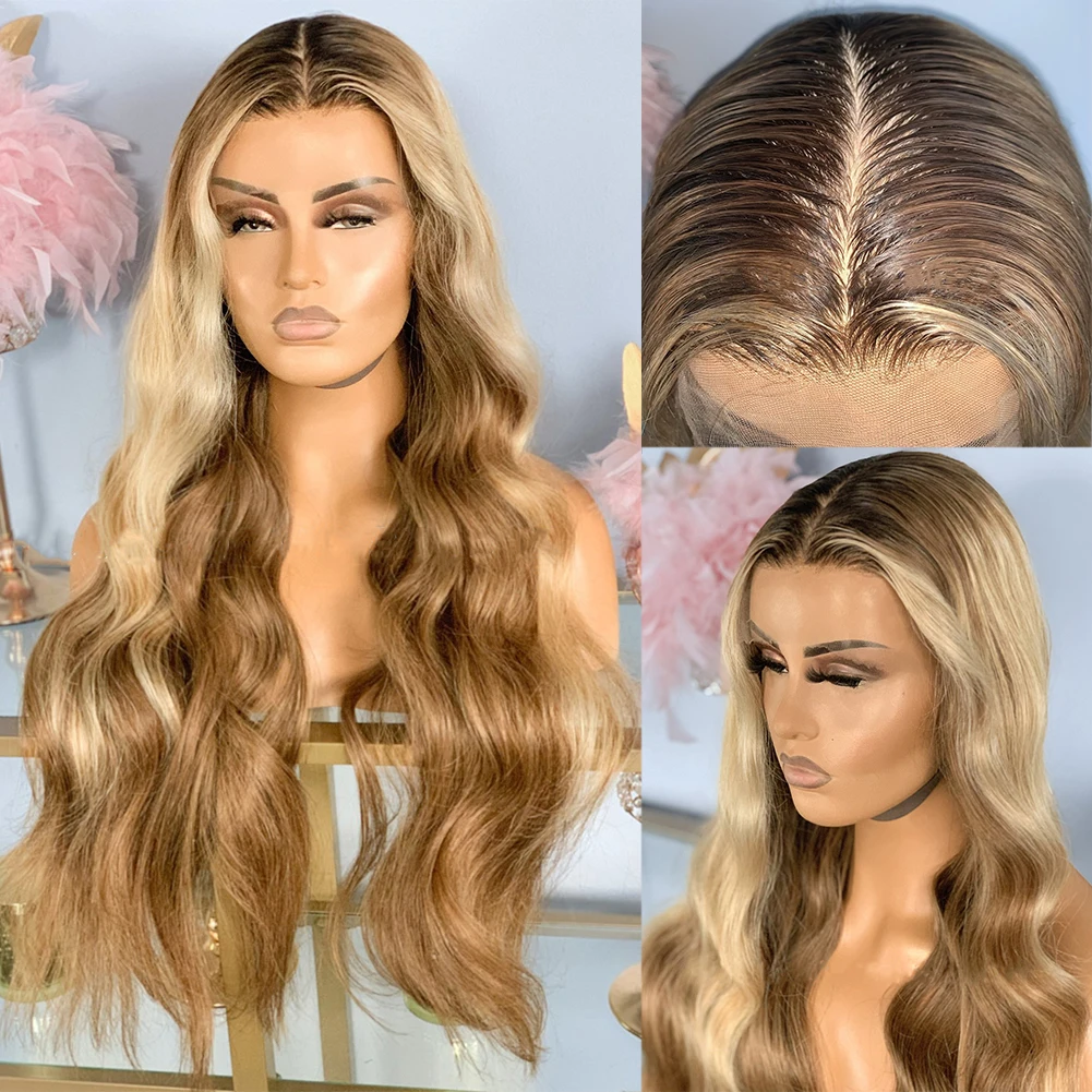 

13x6 Lace Front Wig Brown Blonde Remy Hair Lace Front Human Hair Wigs for Women Long Wavy Dark Roots 180% Pre Plucked 16"-32"