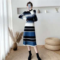 elegant o neck midi bodycon stripe sweater dress women autumn winter long sleeve slim waist casual female knitted dress outwear