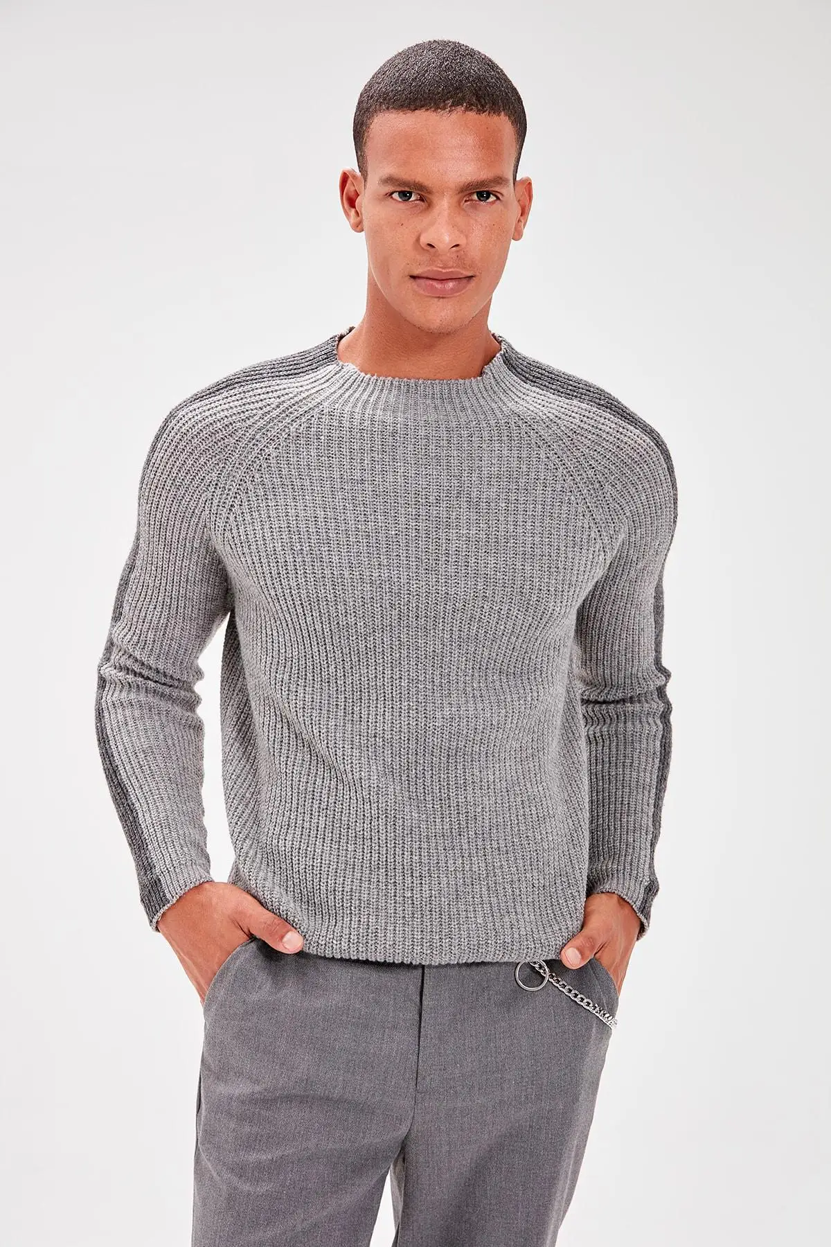 Trendyol серый мужской наполовину рыболовная ручка Полосатый Трикотаж Свитер