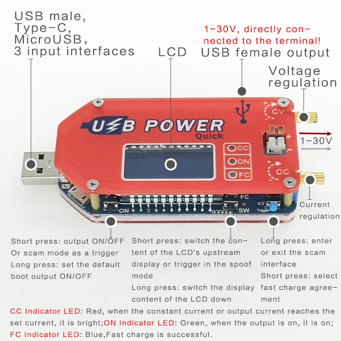 DP3A цифровой дисплей USB регулируемый силовой модуль DC 1-30 в 15 Вт QC 2,0 3,0 FCP Быстрая зарядка лабораторный источник питания