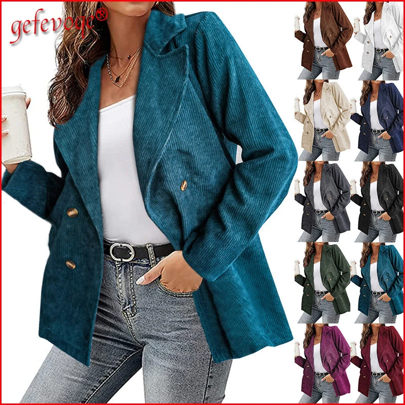 

2022 Autumn Winter New Solid Color Loose Double-breasted Thick Blazer Long Sleeve Turn-Down Collar Office Lady Casual Coat