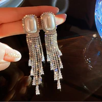 exknl long tassel full rhinestone drop earrings for women pearl geometric crystal dangle earrings fashion jewelry accessories