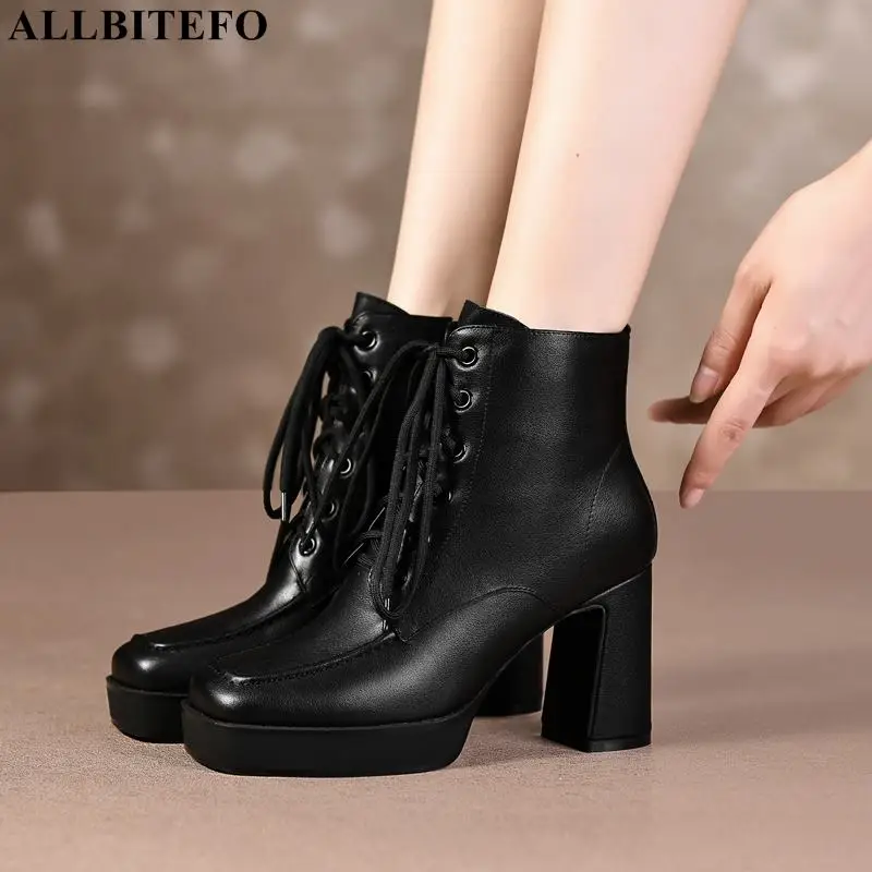 

ALLBITEFO Thick Heels Genuine Leather Square Toe Party Women Boots Winter Ankle Boots For Women Bota De Neve high heels shoes
