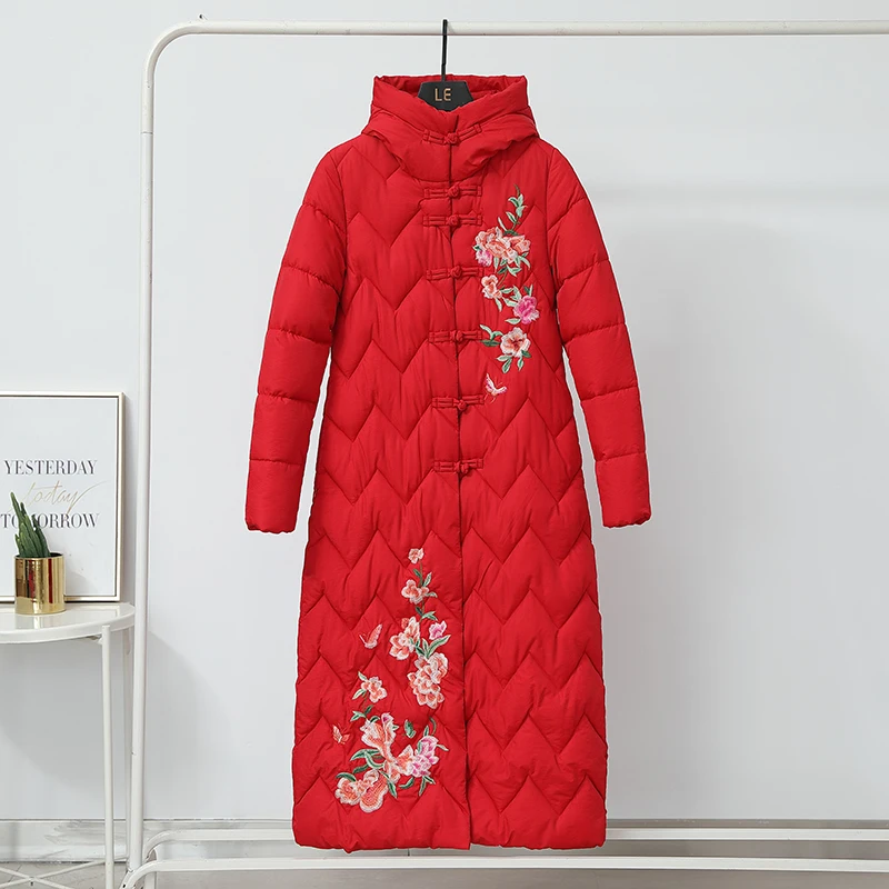 

Зимнее пальто в китайском стиле, Женская длинная куртка с капюшоном и вышивкой, женские парки, однобортная Женская одежда оверсайз, новинка