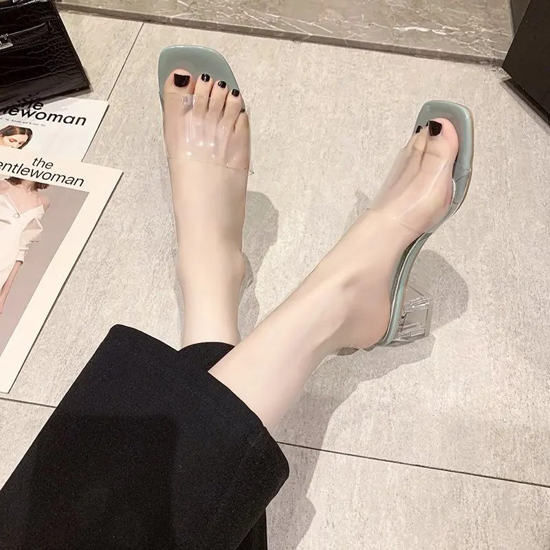 

Glitter Slides Slippers Casual Transparent Heel Shoes Square heel Heeled Mules Med Slipers Women Jelly Luxury Block High 2021 Ro