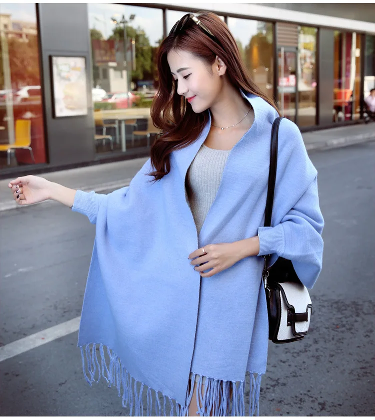 

Shawl Ladies Pure Color Winter Thickening Warmth All-match Collar Cardigan Tassels Korean Long Dual-use Coat Imitation Cashmere