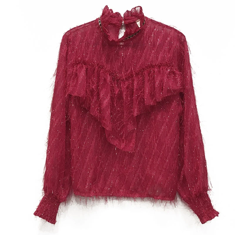 

2020 Spring Fashion Long Sleeve Tassels Feather Blouses Women Voile Feather Chiffon Pullovers Tops Women Tassels Chiffon Tops
