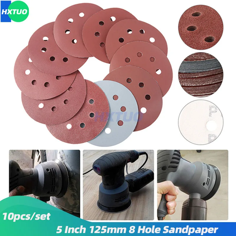 

10pcs 5 Inch 125mm Round Sandpaper 8 Hole Sander Polishing Pad Disk Sand Sheets Grit 60-2000 Hook Loop Sanding Disc Polish