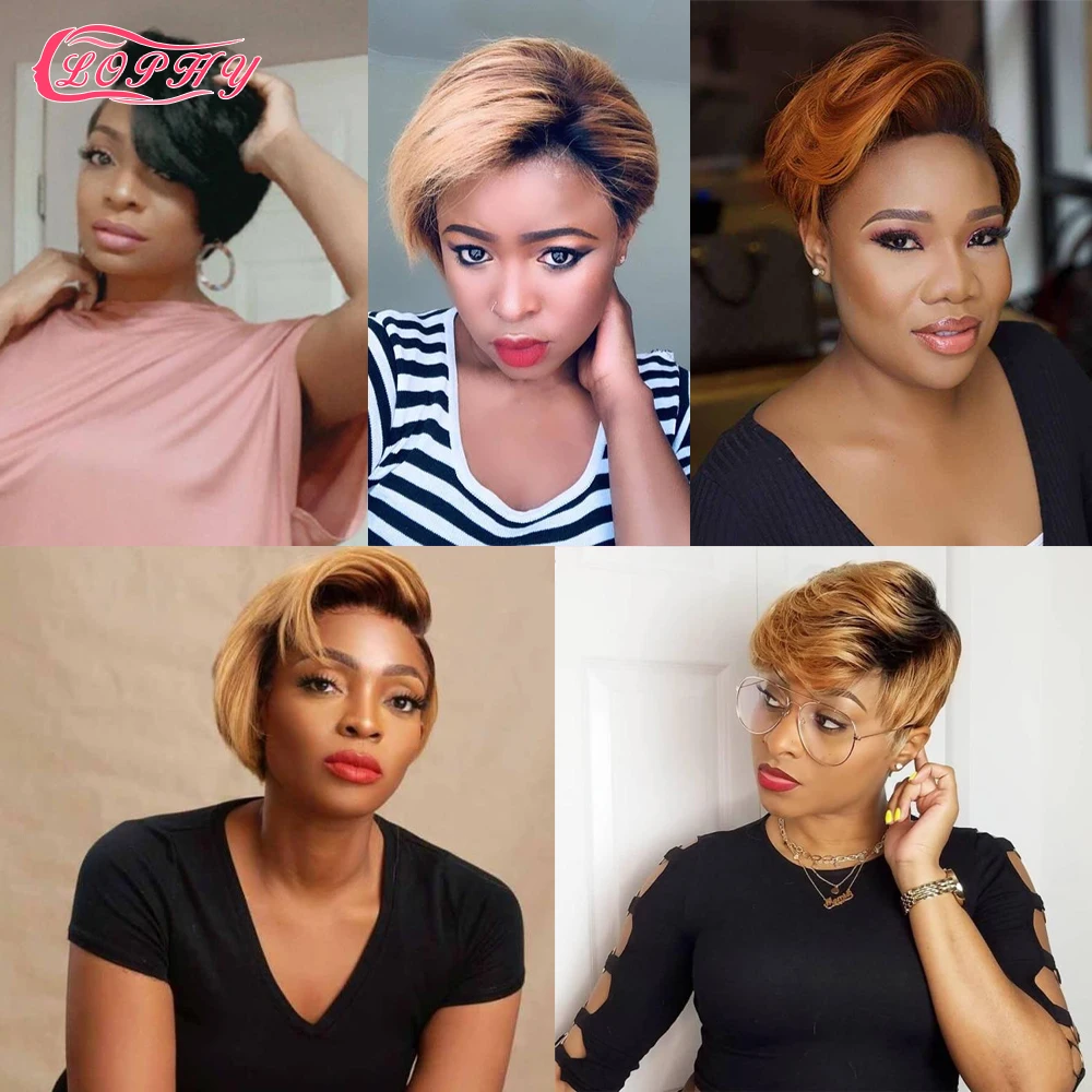 Pixie Cut Human Hair Wig Short Bob Straight Full Machine Made Ombre Blonde Burgundy Wigs Cheap Human Hair Wigs For Black Women