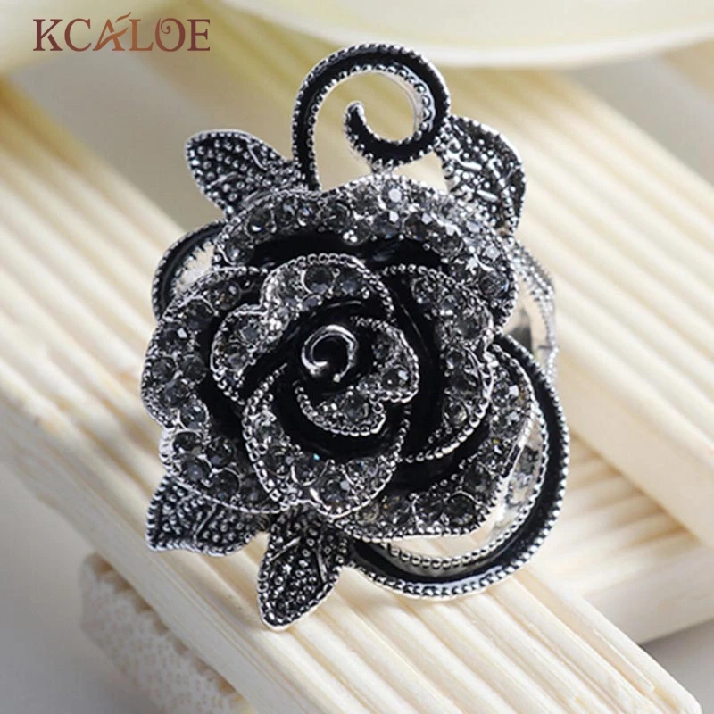 KCALOE черный цветок кольца для женщин кристалл кубический цирконий Винтажные