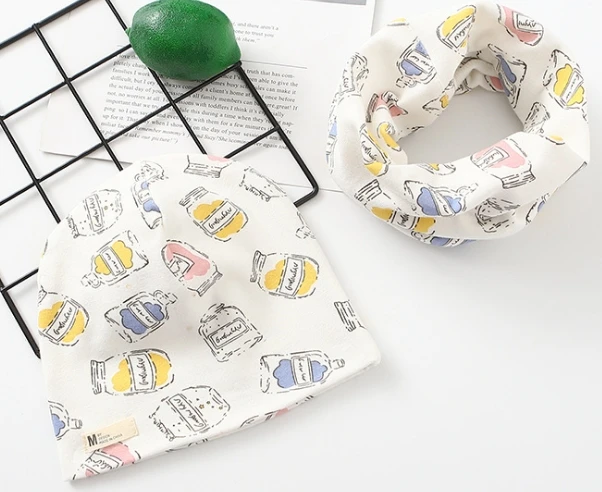 new milk bottle Осенне-зимний Хлопковый вязаный детский комплект из 2 предметов, шапка с воротником для мальчиков и девочек, Одноцветный шарф, шапка, комплект из 2 предметов - Цвет: new milk bottle