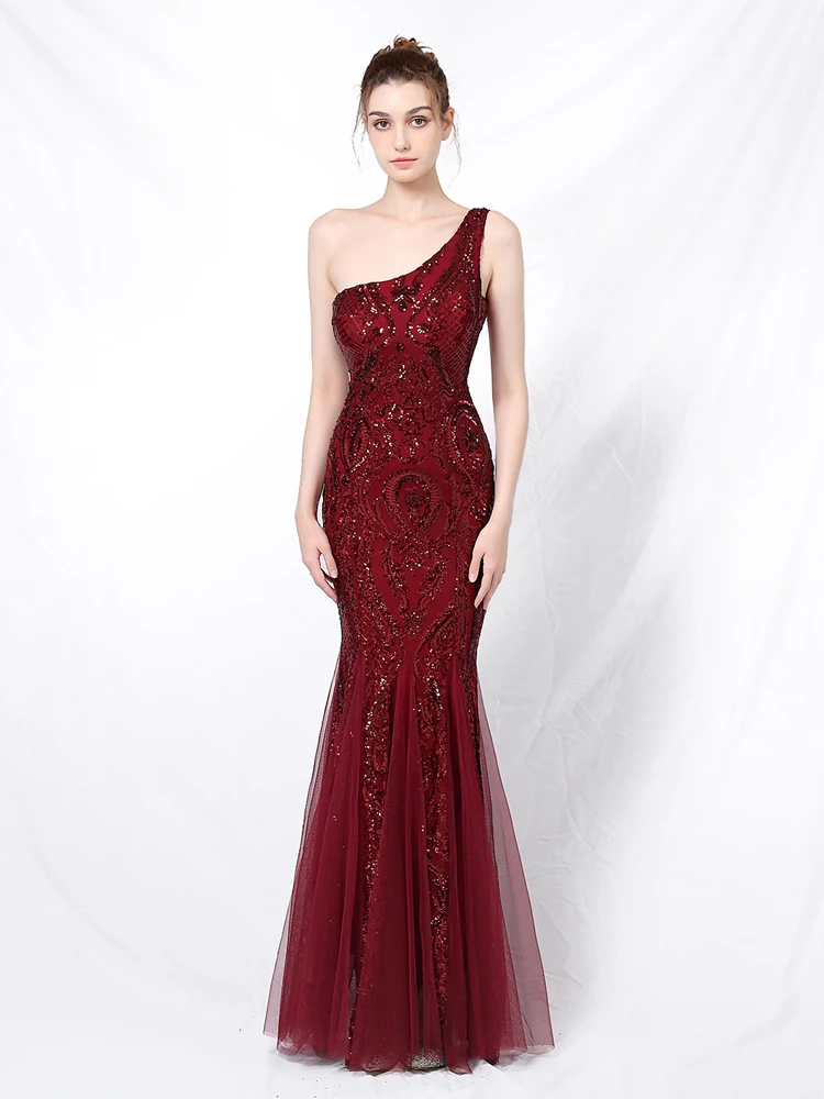 Вечернее платье из тюля с блестками и одним плечом Длинное Элегантное русалки