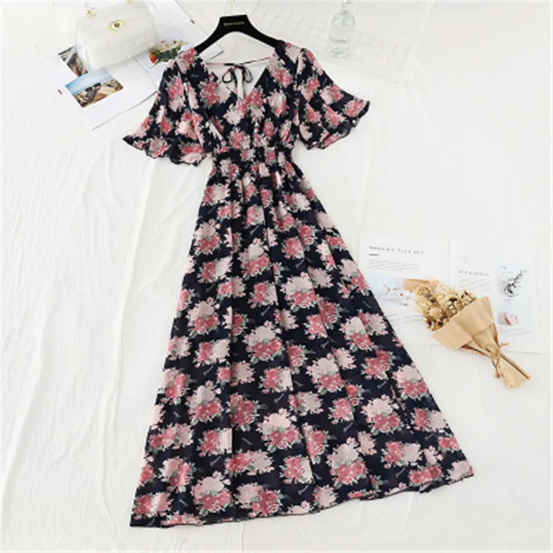 

Women Ruffle sleeve Ruffles V-neck Chiffon summer Dress 2020 Short sleeve Floral print long dress Slim High Waist Vestidos 196