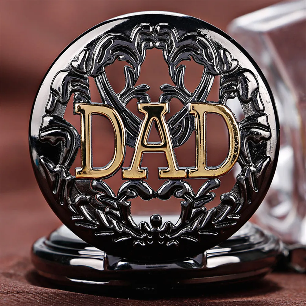Hollow Golden DAD Retro Black Manual Mechanical Pocket Watch Men Arabic Numerals Display Pendant Antique Hand Winding Clock