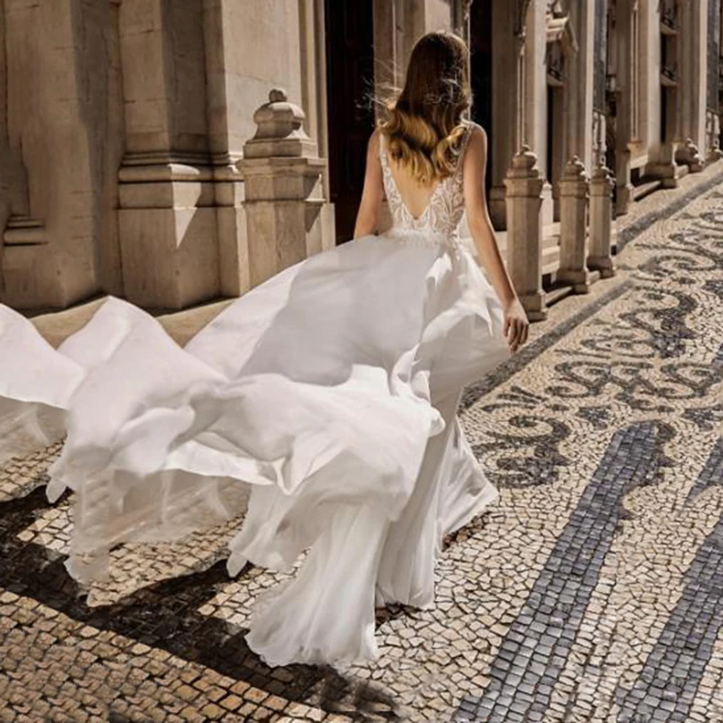 

Hi Shy Bride New simple wedding dress backless sleeveless design chiffon lace bride dresses princess dress plus size tailor-made