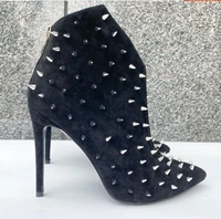new black suede high heels with pointed toes and rivet personality ankle boots sexy runway boots leather boots for women